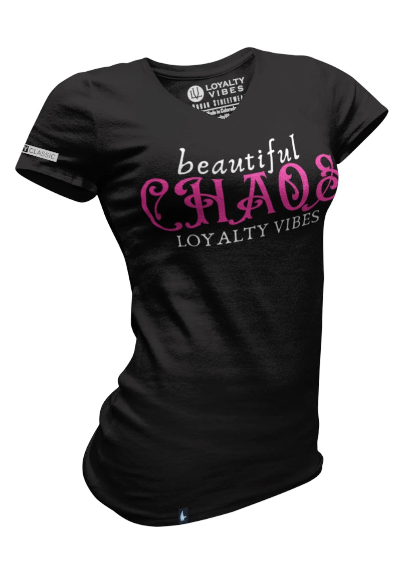 Loyalty Vibes Women's Beautiful Chaos V-Neck Tee Black Pink Loyalty Vibes