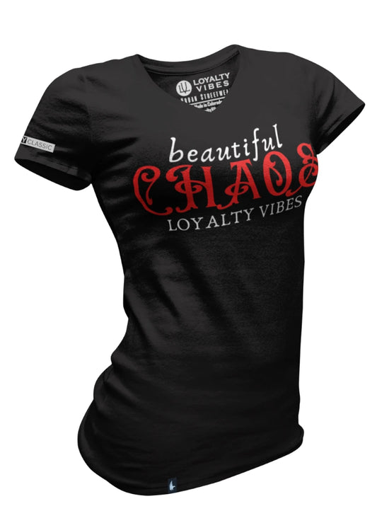 Loyalty Vibes Women's Beautiful Chaos V-Neck Tee Black Red Loyalty Vibes