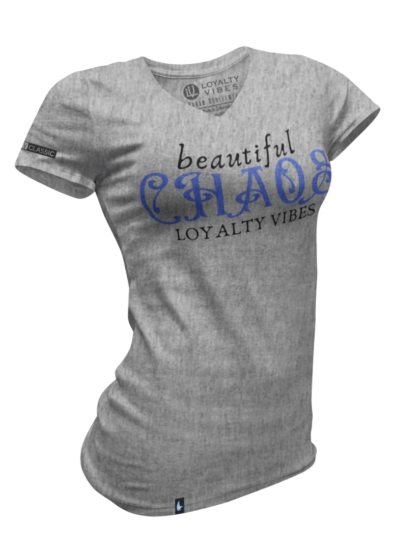 Loyalty Vibes Women's Beautiful Chaos V-Neck Tee Heather Grey Blue Loyalty Vibes