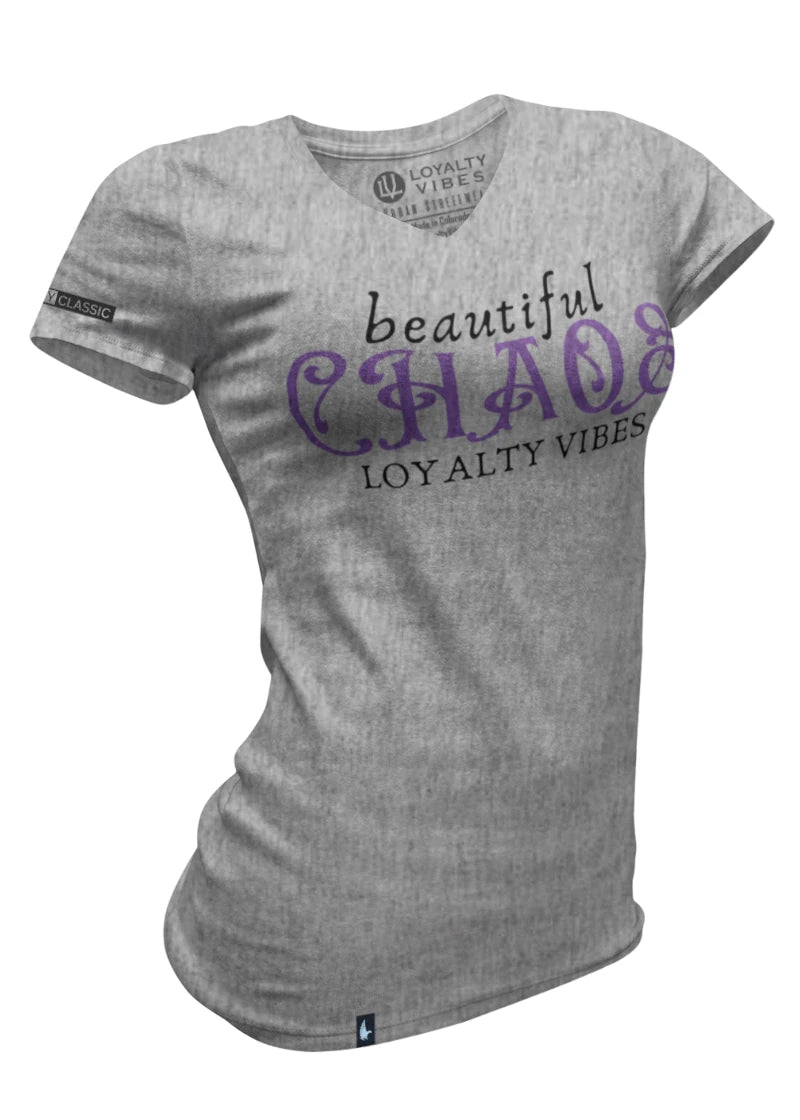 Loyalty Vibes Women's Beautiful Chaos V-Neck Tee Heather Grey Purple Loyalty Vibes