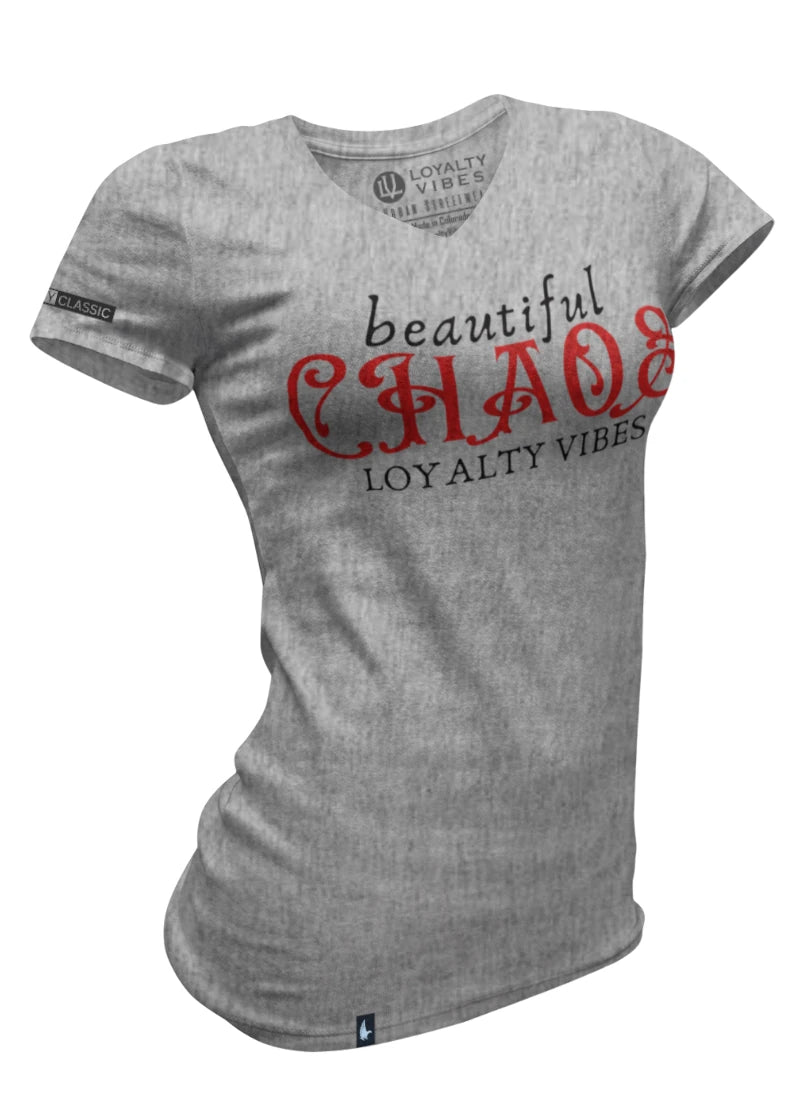 Loyalty Vibes Women's Beautiful Chaos V-Neck Tee Heather Grey Red Loyalty Vibes