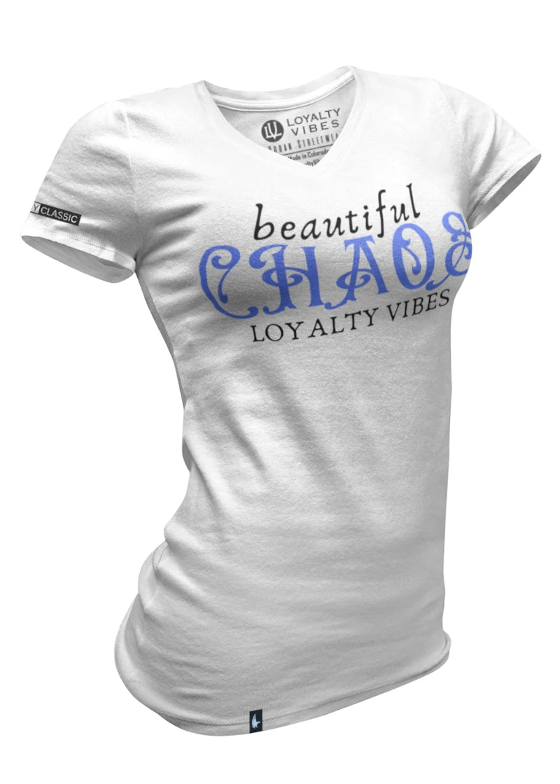 Loyalty Vibes Women's Beautiful Chaos V-Neck Tee White Blue Loyalty Vibes