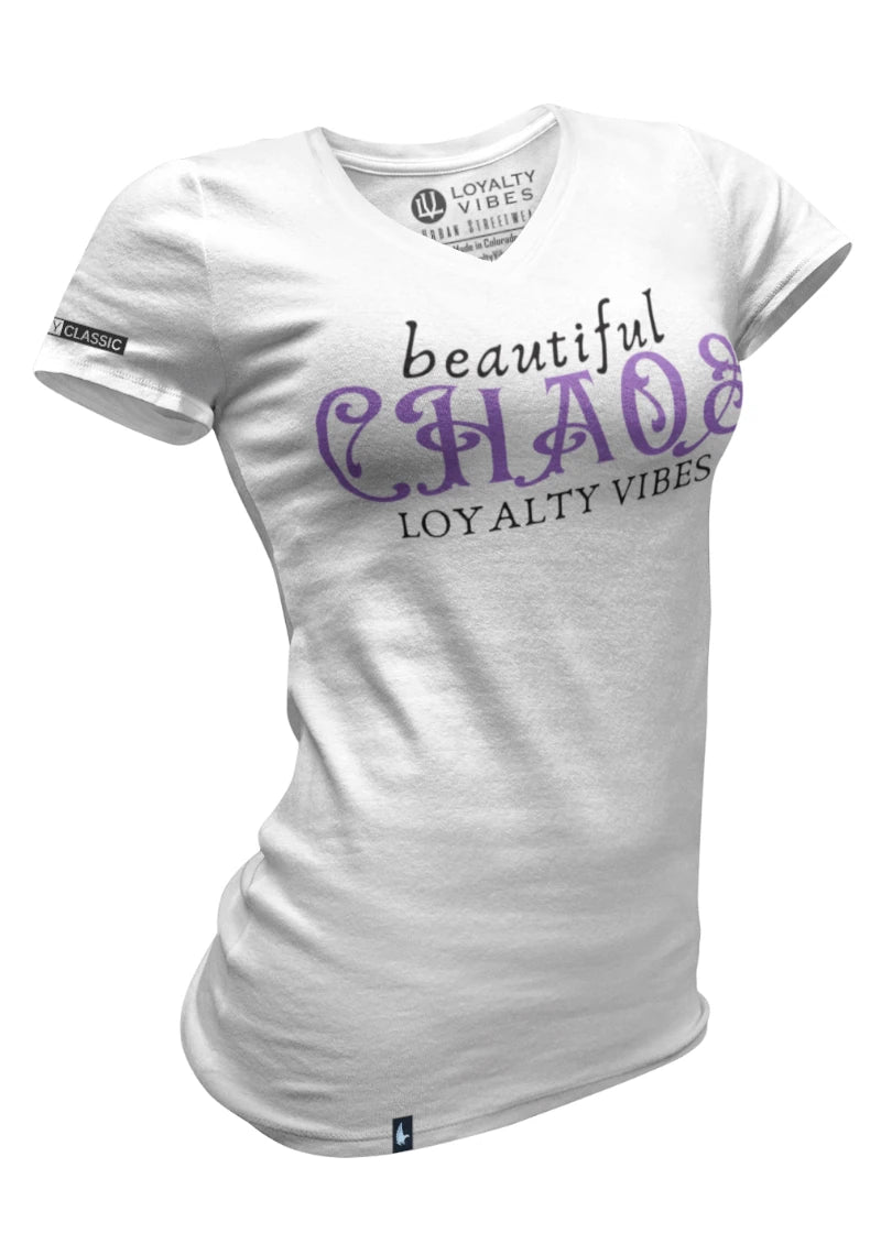 Loyalty Vibes Women's Beautiful Chaos V-Neck Tee White Purple Loyalty Vibes