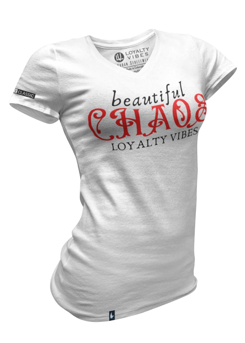 Loyalty Vibes Women's Beautiful Chaos V-Neck Tee White Red Loyalty Vibes