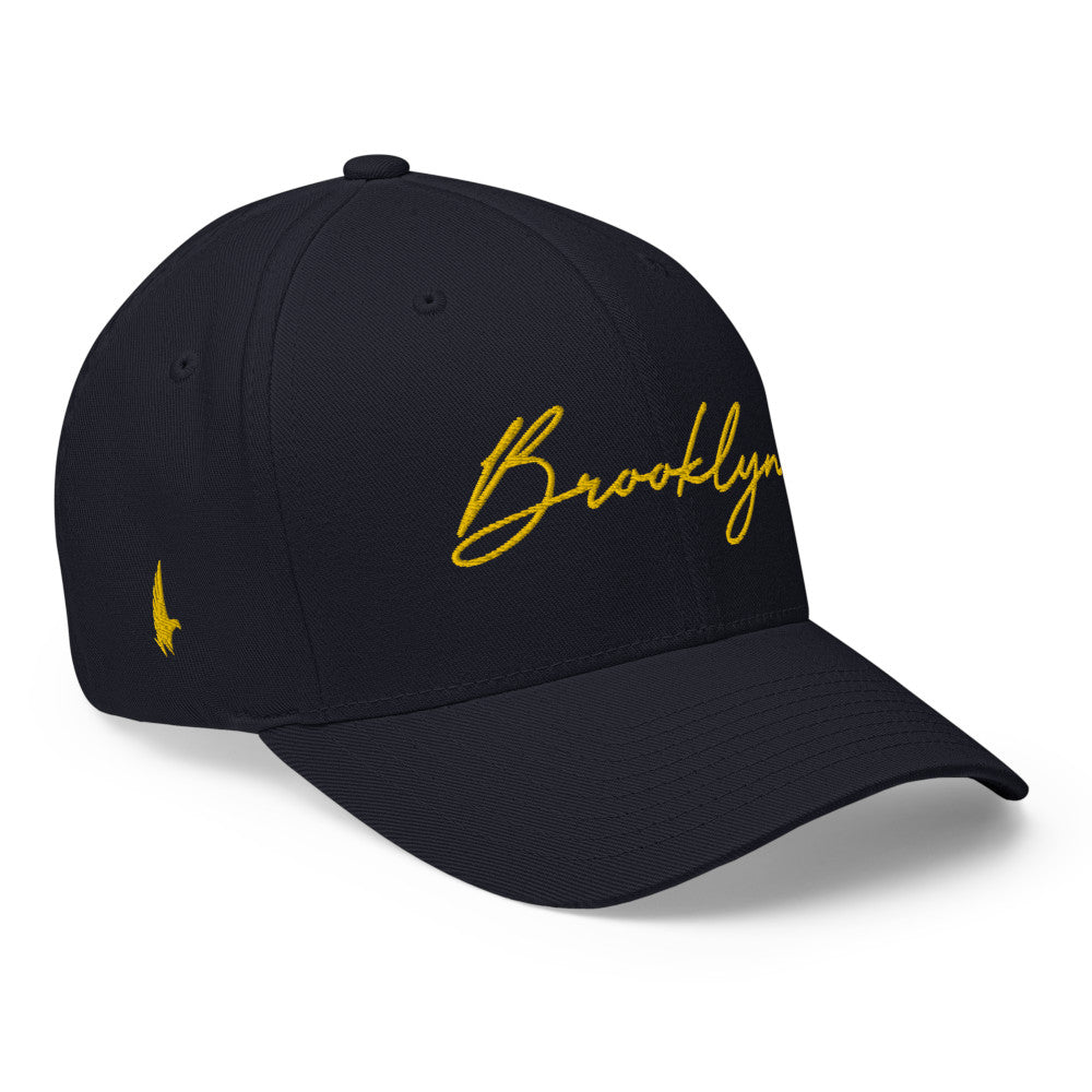Loyalty Vibes Brooklyn Signature Series Fitted Hat Navy Blue Yellow Loyalty Vibes