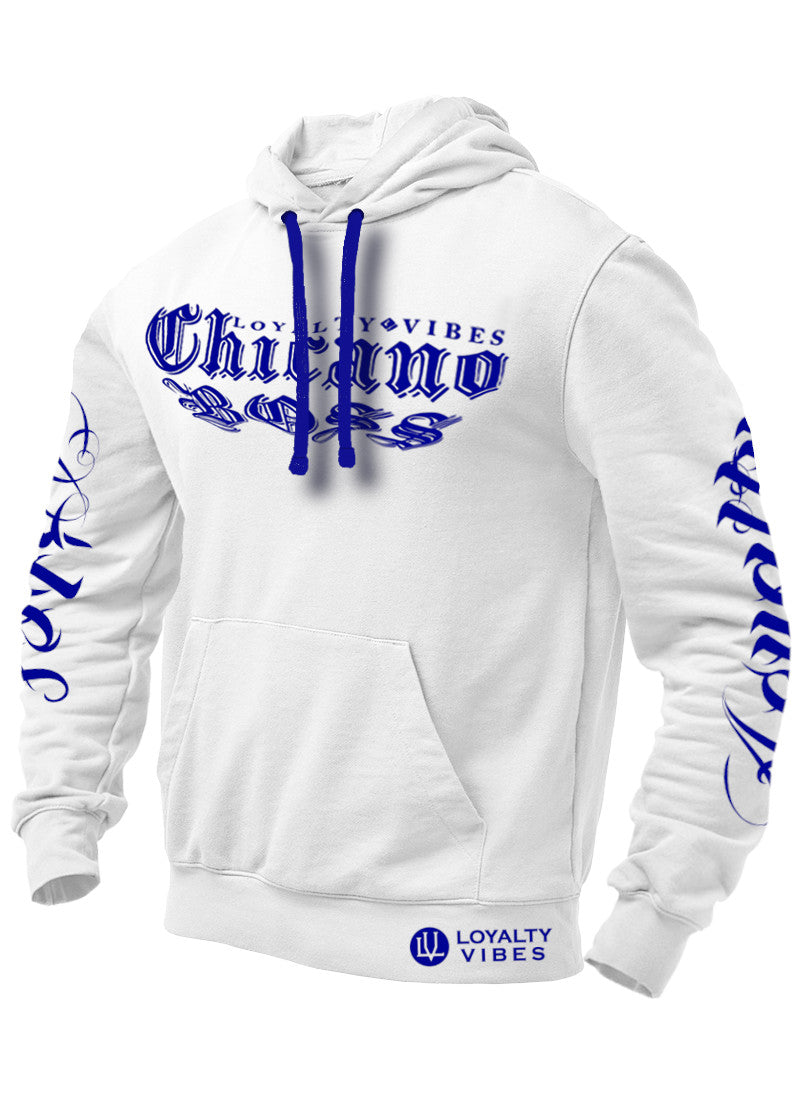 Loyalty Vibes Chicano Boss Graphic Hoodie White Blue Loyalty Vibes