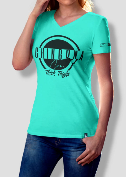 Loyalty Vibes Chingona Con Thick Thighs V-Neck Tee Teal Black Loyalty Vibes