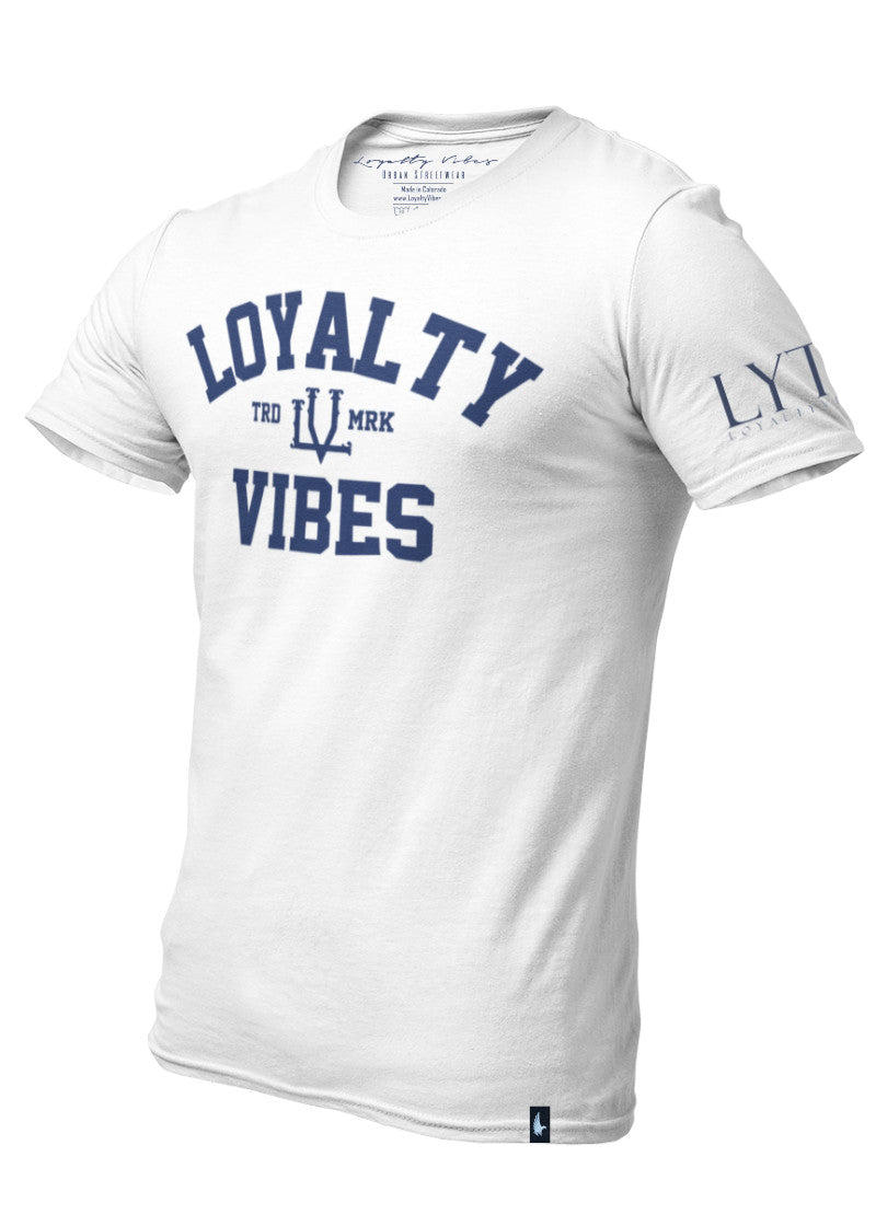 Loyalty Vibes Classic Loyalty Graphic T-Shirt White Navy Blue Loyalty Vibes
