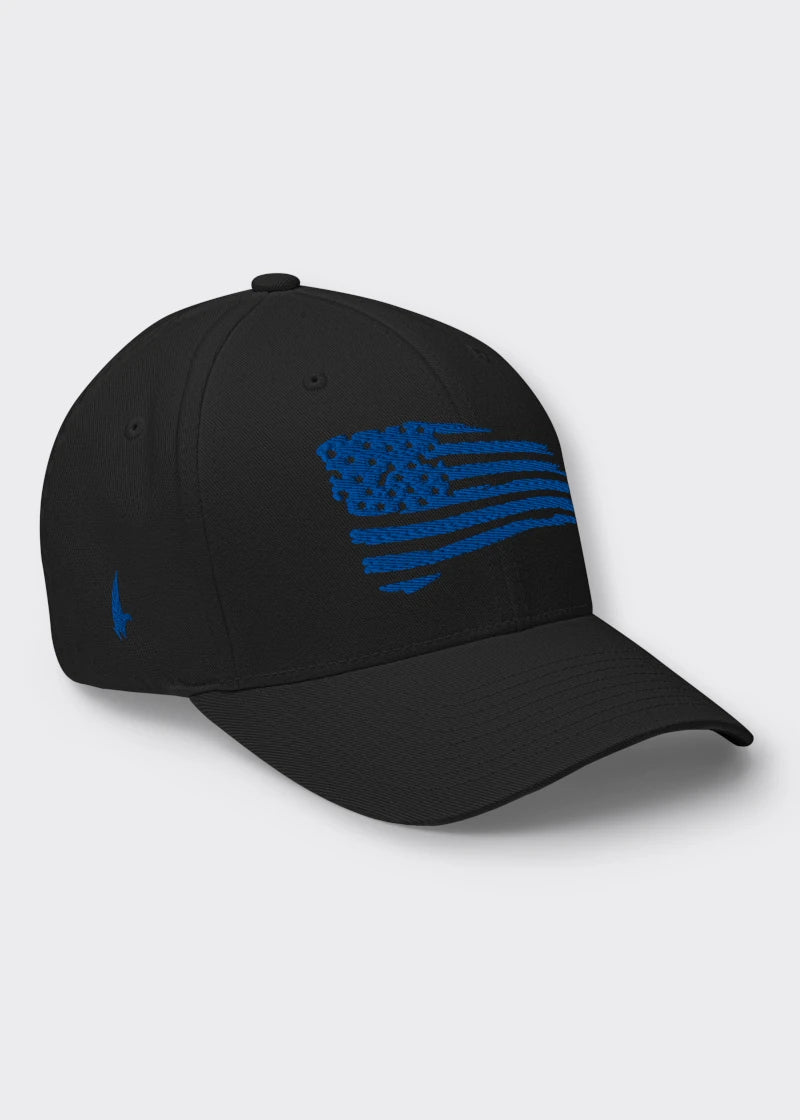 Loyalty Vibes Distressed American Flag Fitted Hat Black Blue Loyalty Vibes