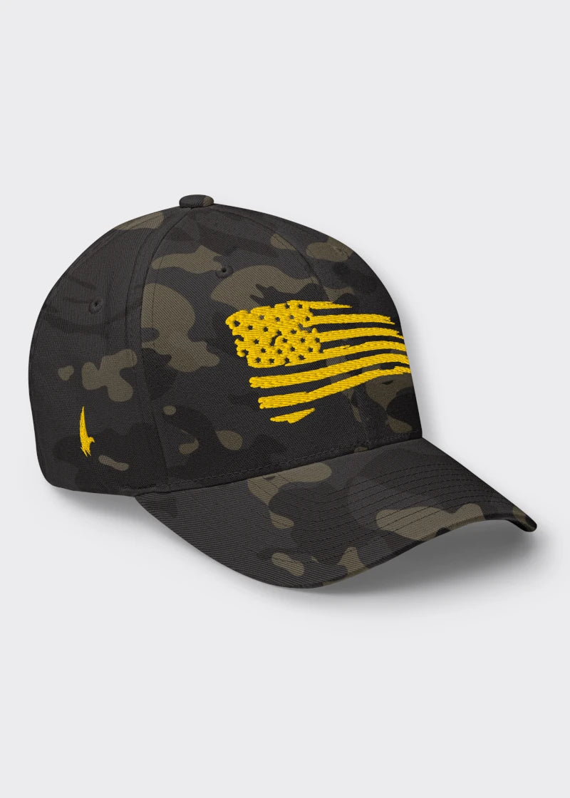 Loyalty Vibes Distressed American Flag Fitted Hat Black Camo Gold Loyalty Vibes