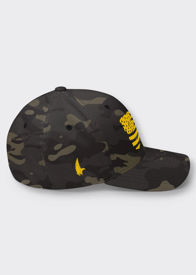 Distressed American Flag Fitted Hat - Black Camo/Gold - Sideview - Loyalty Vibes