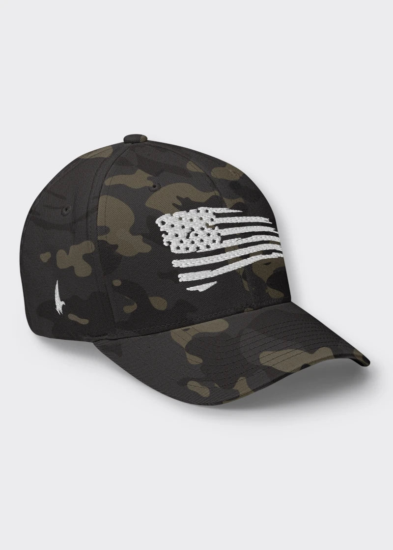 Loyalty Vibes Distressed American Flag Fitted Hat Black Camo Loyalty Vibes