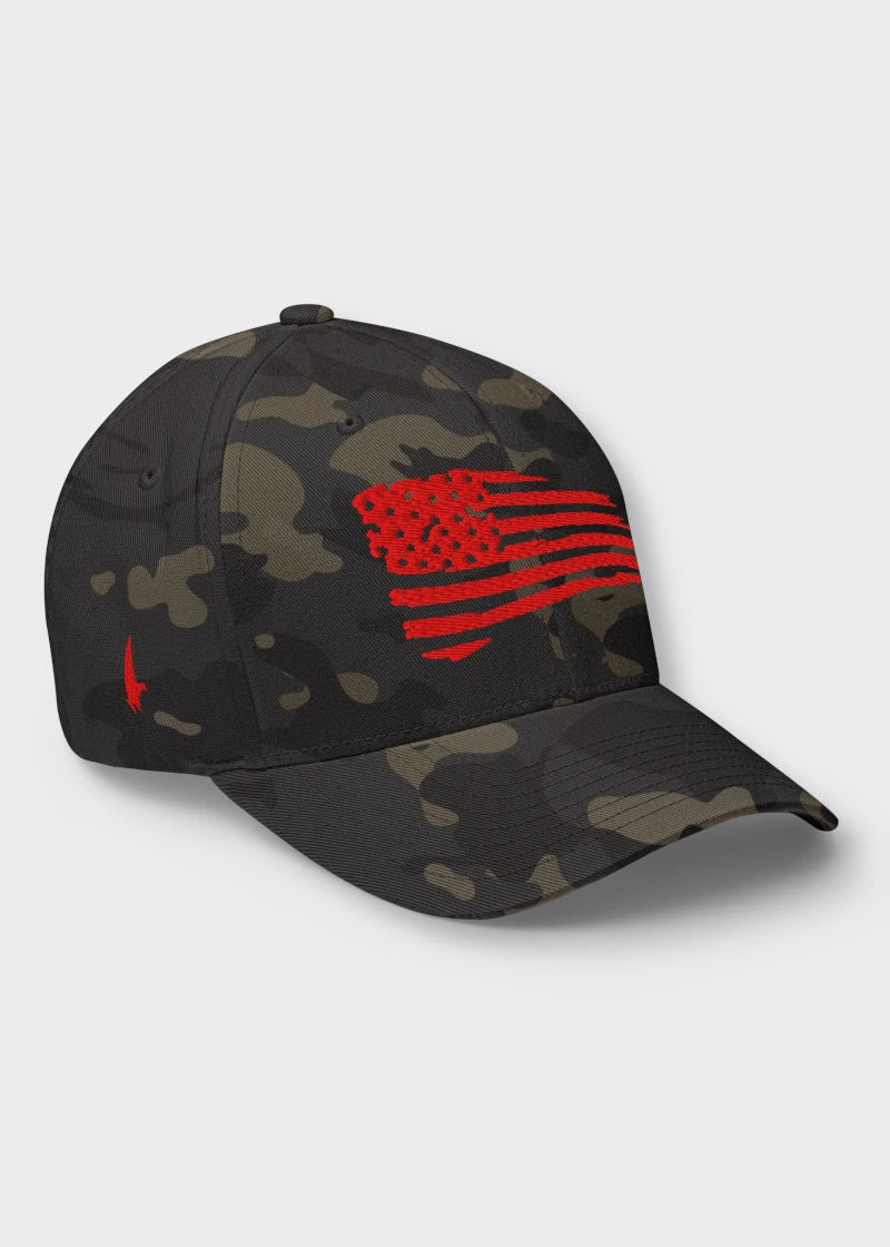 Loyalty Vibes Distressed American Flag Fitted Hat Black Camo Red Loyalty Vibes