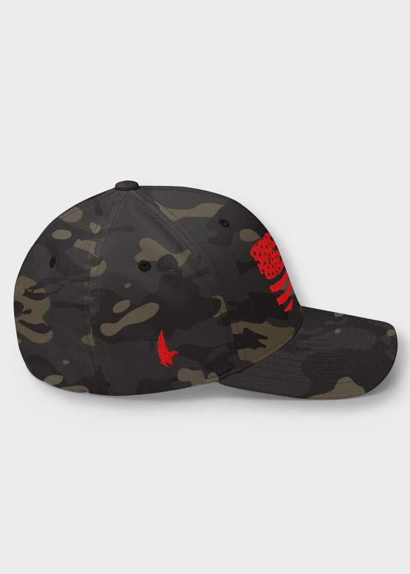 Distressed American Flag Fitted Hat - Black Camo/Red - Sideview - Loyalty Vibes