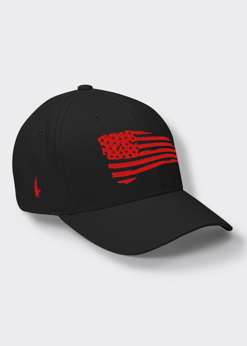 Loyalty Vibes Distressed American Flag Fitted Hat Black Red Loyalty Vibes