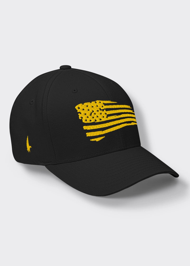 Loyalty Vibes Distressed American Flag Fitted Hat Black Yellow Loyalty Vibes