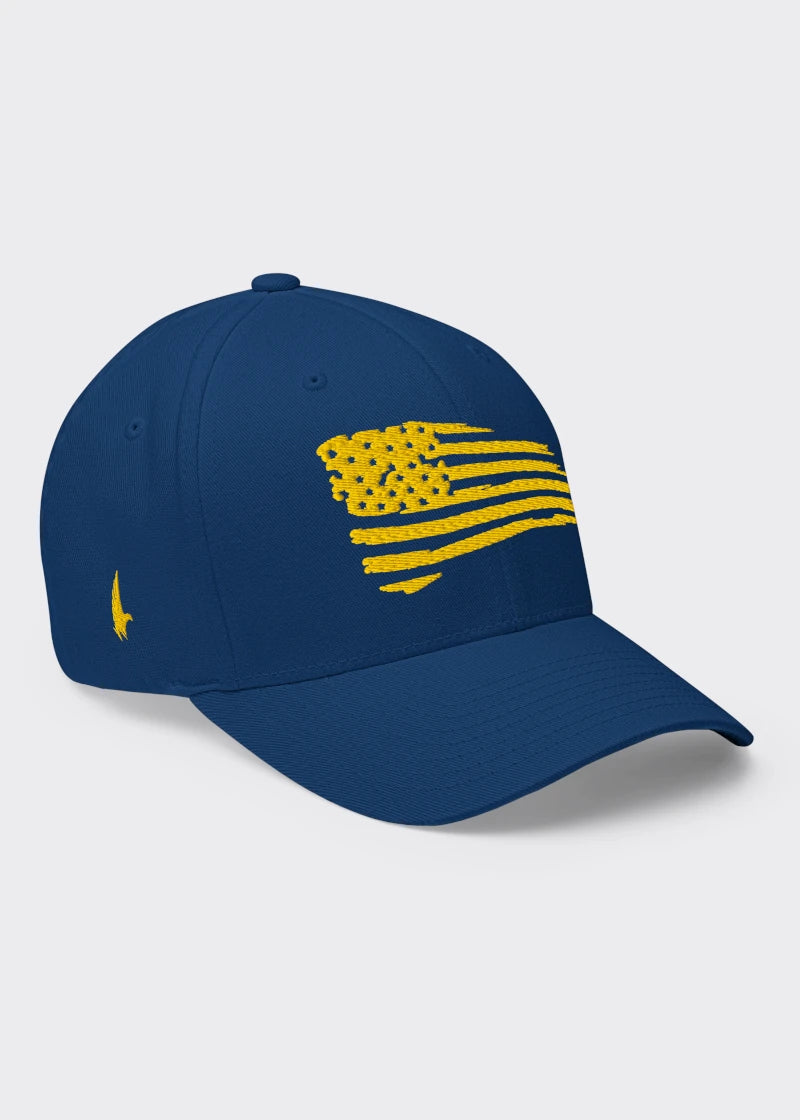 Loyalty Vibes Distressed American Flag Fitted Hat Blue Gold Loyalty Vibes