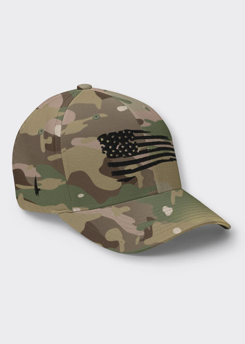 Loyalty Vibes Distressed American Flag Fitted Hat Camo Black Loyalty Vibes