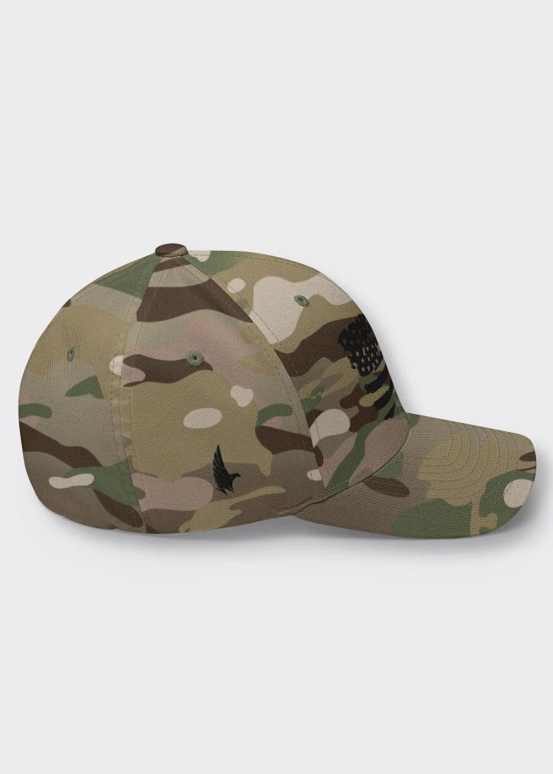 Distressed American Flag Fitted Hat - Camo/Black - Sideview - Loyalty Vibes