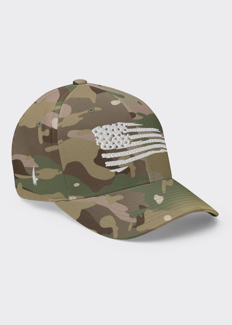 Loyalty Vibes Distressed American Flag Fitted Hat Camo Loyalty Vibes