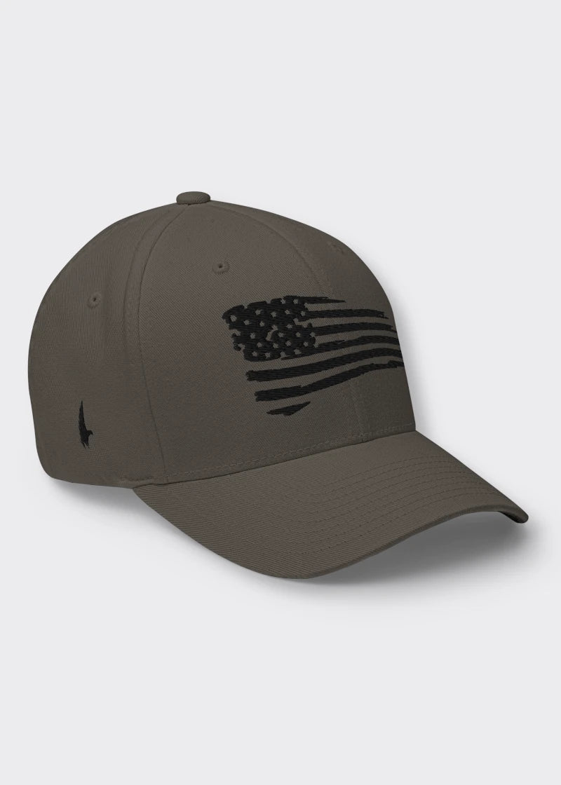 Loyalty Vibes Distressed American Flag Fitted Hat Charcoal Grey Black Loyalty Vibes