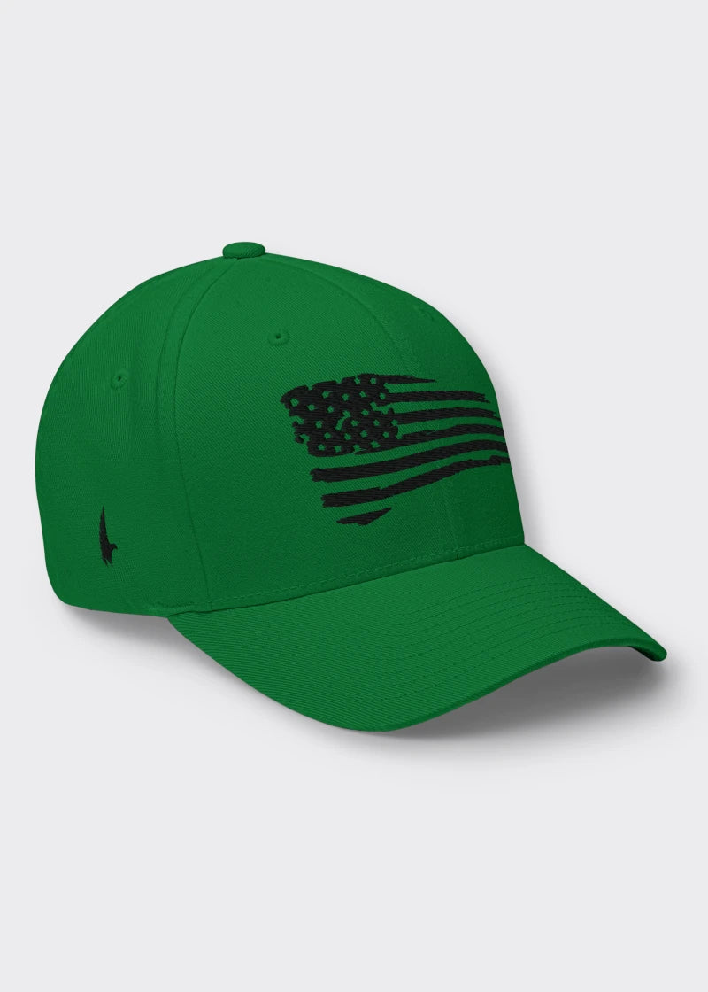 Loyalty Vibes Distressed American Flag Fitted Hat Green Black Loyalty Vibes