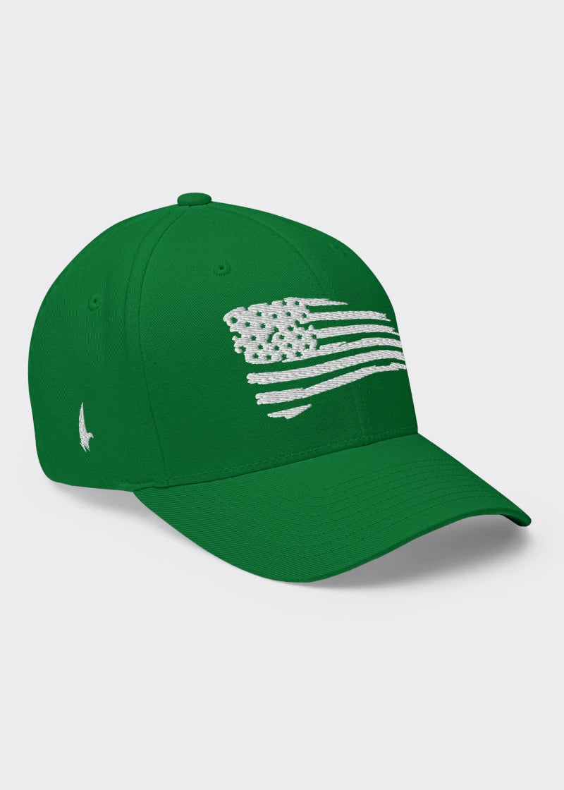 Loyalty Vibes Distressed American Flag Fitted Hat Green Loyalty Vibes
