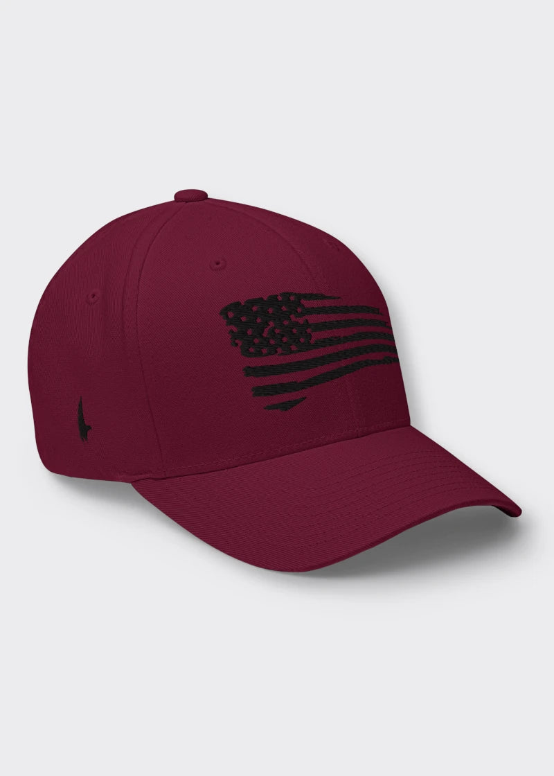 Loyalty Vibes Distressed American Flag Fitted Hat Maroon Black Loyalty Vibes