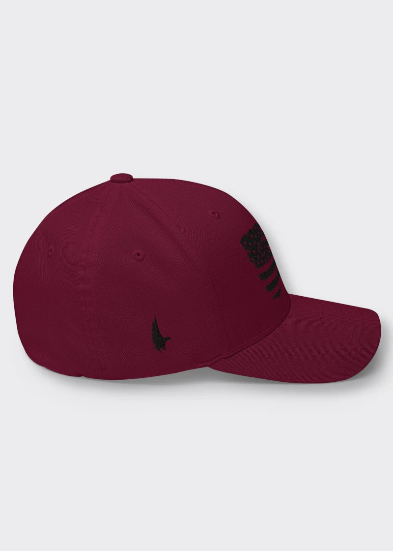 Distressed American Flag Fitted Hat - Maroon/Black - Sideview - Loyalty Vibes