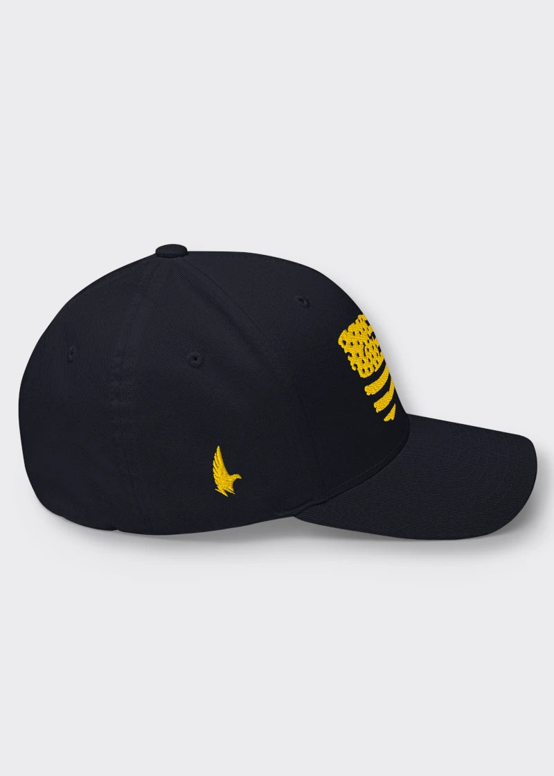 Distressed American Flag Fitted Hat - Midnight Navy Blue/Gold - Sideview - Loyalty Vibe