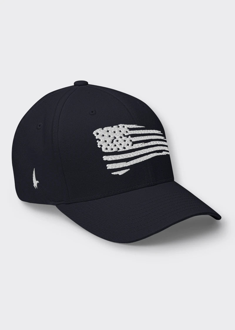 Loyalty Vibes Distressed American Flag Fitted Hat Midnight Navy Blue Loyalty Vibes