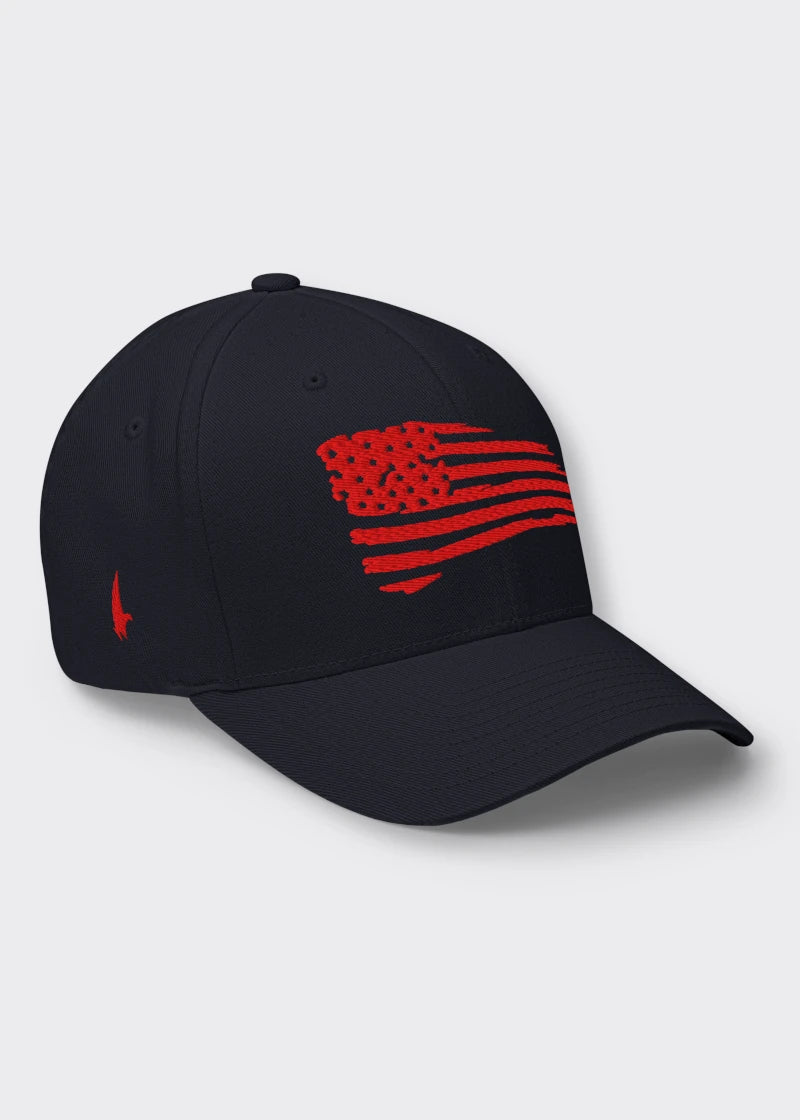 Loyalty Vibes Distressed American Flag Fitted Hat Midnight Navy Blue Red Loyalty Vibes