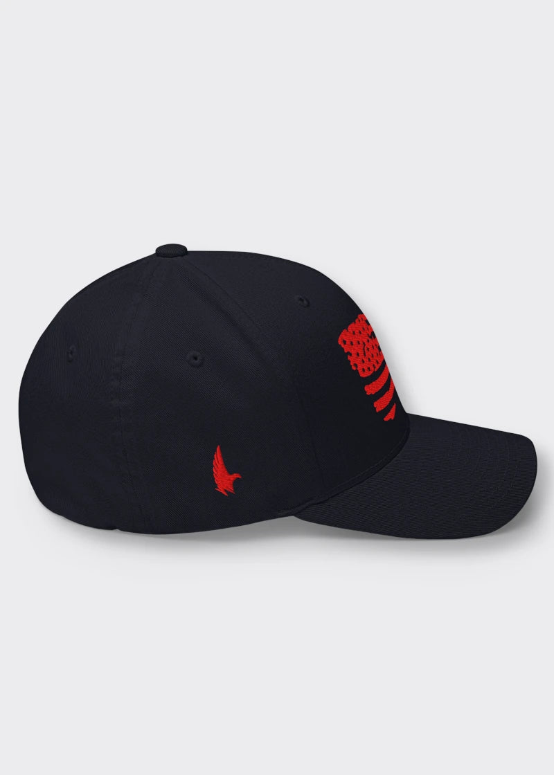 Distressed American Flag Fitted Hat - Midnight Navy Blue/Red - Sideview - Loyalty Vibes