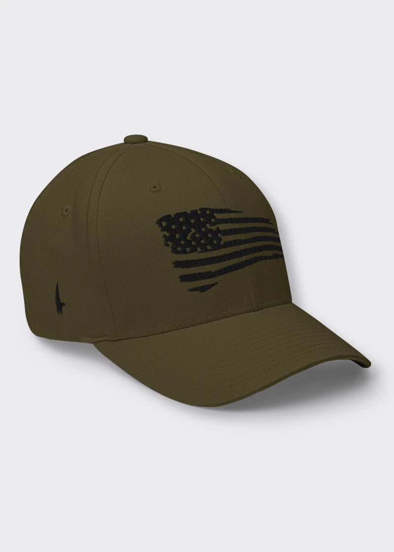 Distressed American Flag Fitted Hat - Military Green/Black - Loyalty Vibes