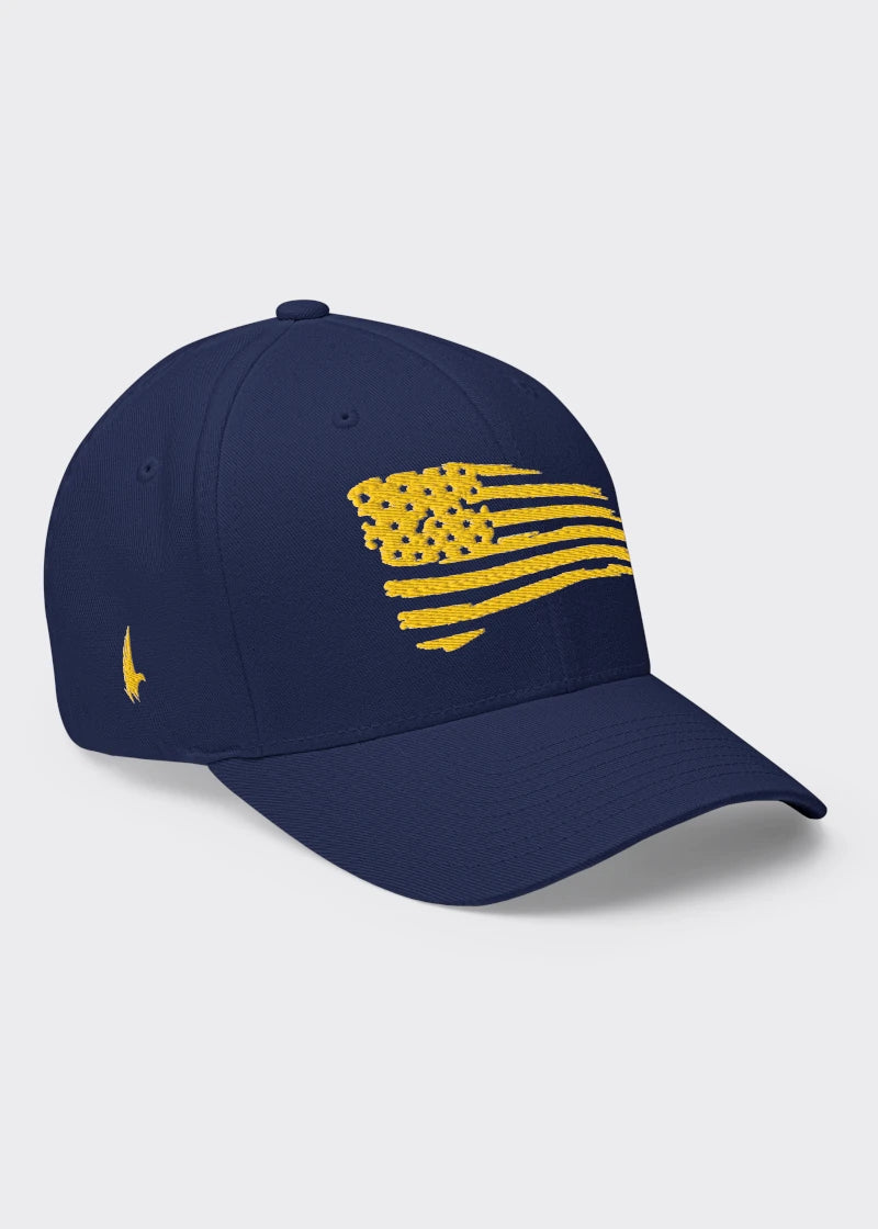 Loyalty Vibes Distressed American Flag Fitted Hat Navy Blue Gold Loyalty Vibes