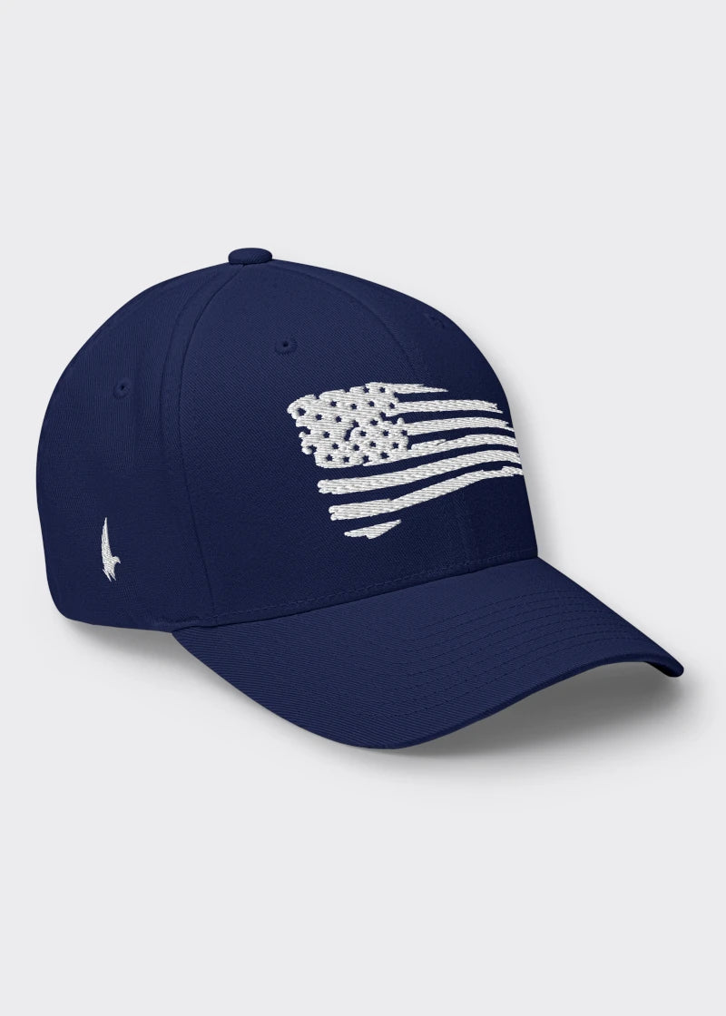 Loyalty Vibes Distressed American Flag Fitted Hat Navy Blue Loyalty Vibes