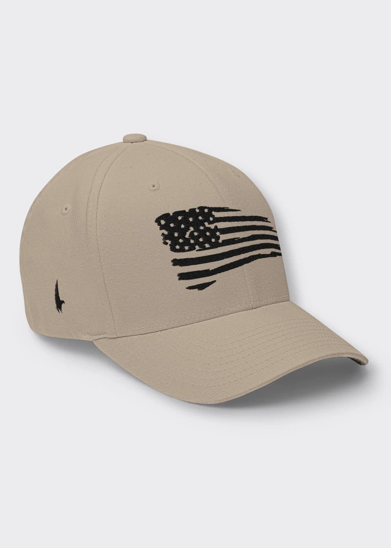Distressed American Flag Fitted Hat - Sandstone/Black - Loyalty Vibes