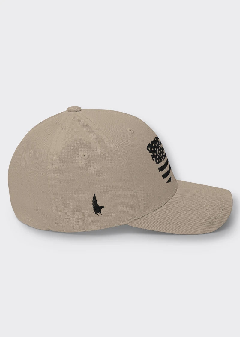 Distressed American Flag Fitted Hat - Sandstone/Black - Sideview - Loyalty Vibes