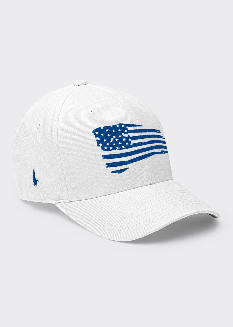 Loyalty Vibes Distressed American Flag Fitted Hat White Blue Loyalty Vibes