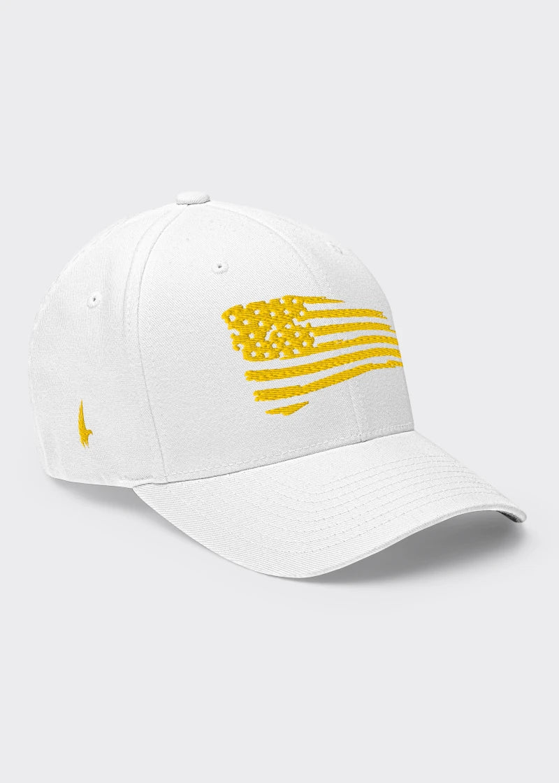 Loyalty Vibes Distressed American Flag Fitted Hat White Gold Loyalty Vibes