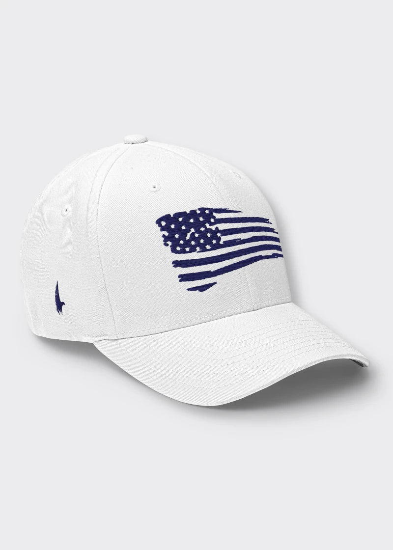 Distressed American Flag Fitted Hat - White/Navy Blue - Loyalty Vibes