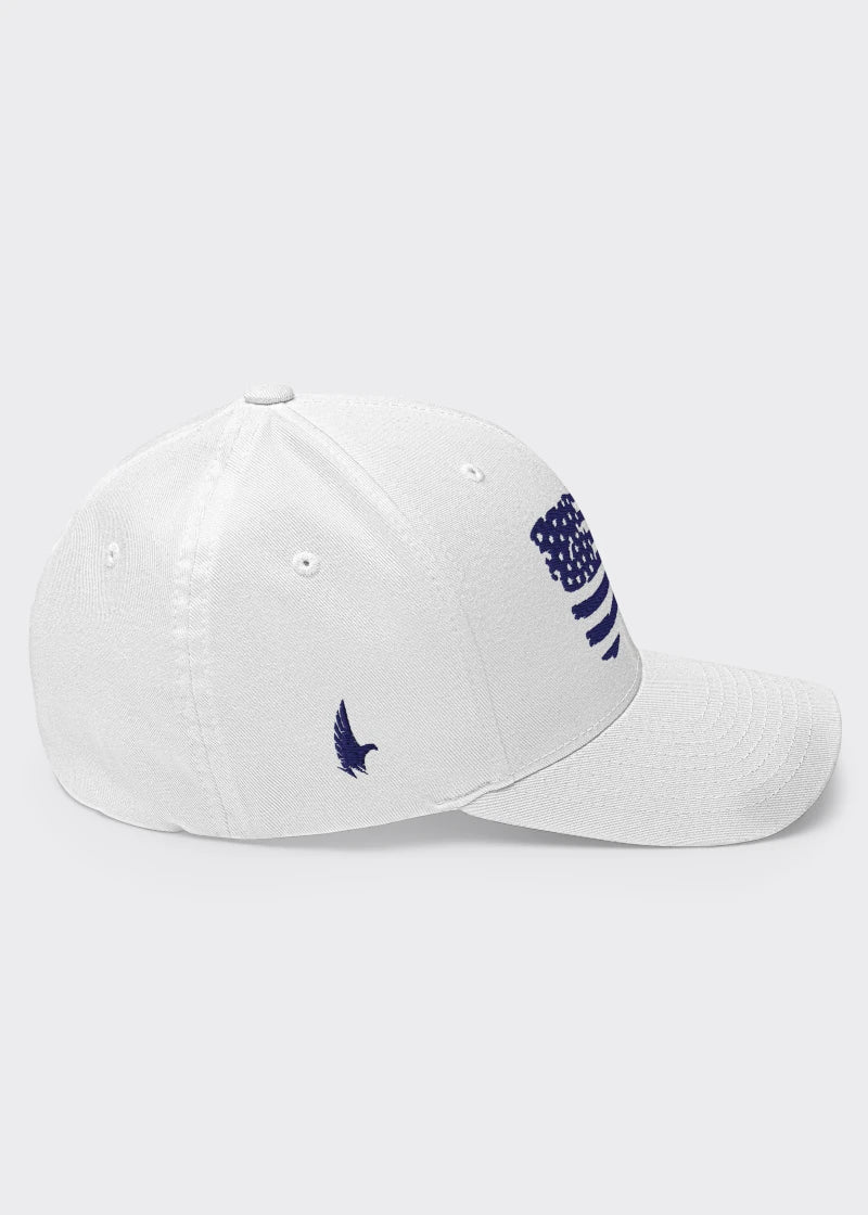 Distressed American Flag Fitted Hat - White/Navy Blue - Sideview - Loyalty Vibes