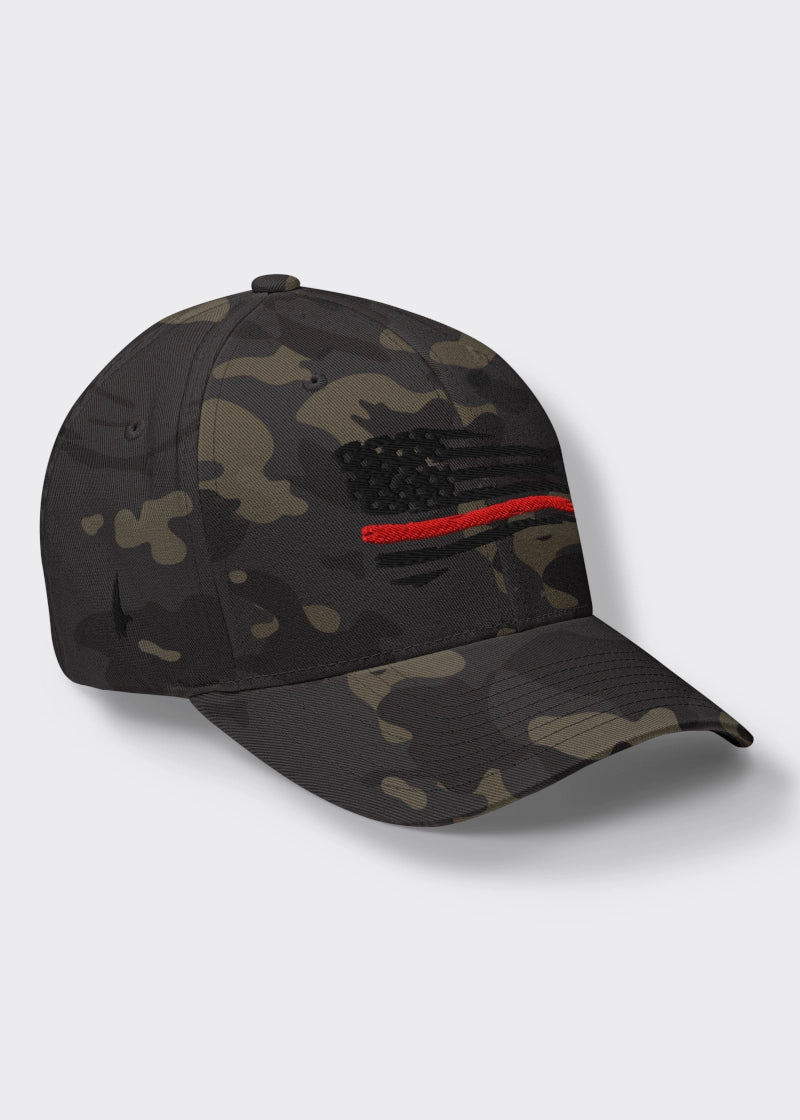Loyalty Vibes Loyalty Vibes Distressed Red Line American Flag Fitted Hat Black Camo Black