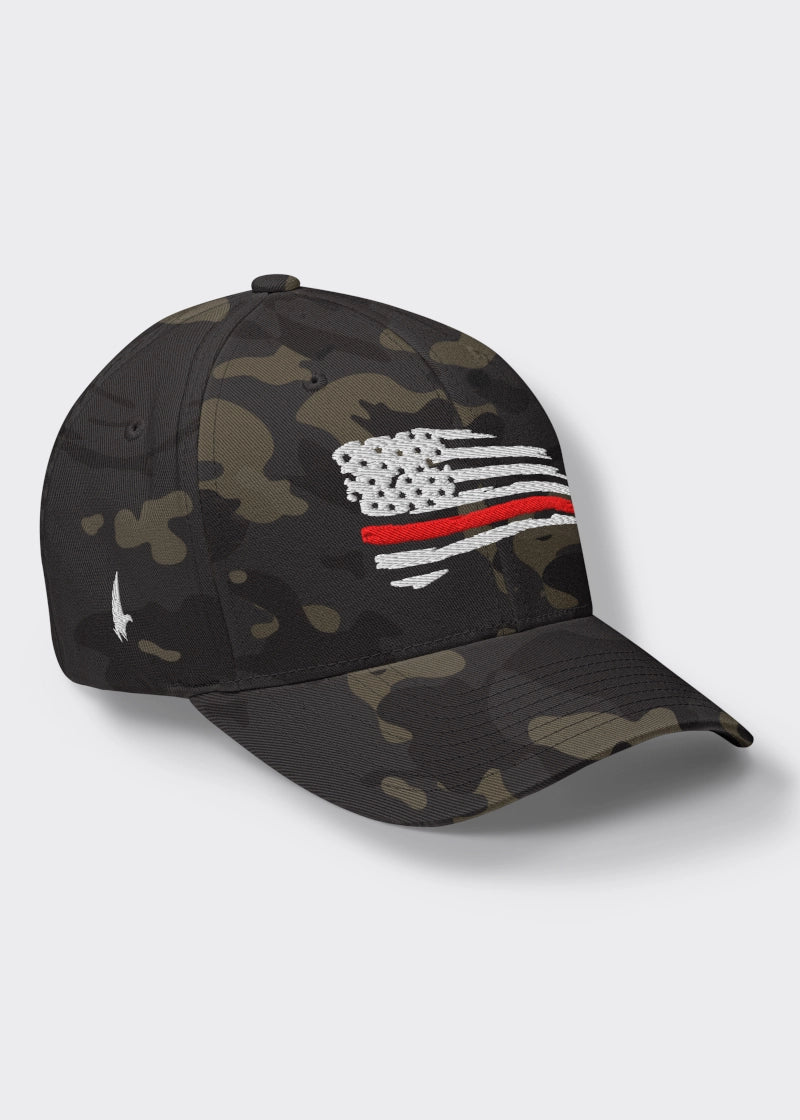Loyalty Vibes Loyalty Vibes Distressed Red Line American Flag Fitted Hat Black Camo