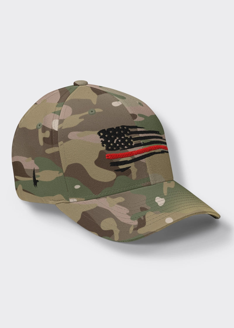 Loyalty Vibes Loyalty Vibes Distressed Red Line American Flag Fitted Hat Camo Black