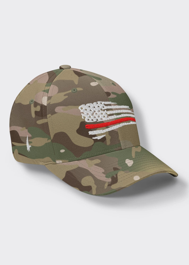 Loyalty Vibes Loyalty Vibes Distressed Red Line American Flag Fitted Hat Camo