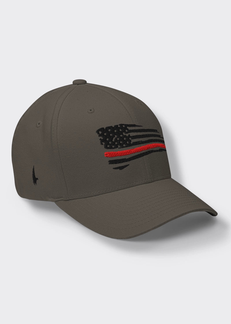 Loyalty Vibes Loyalty Vibes Distressed Red Line American Flag Fitted Hat Charcoal Grey Black