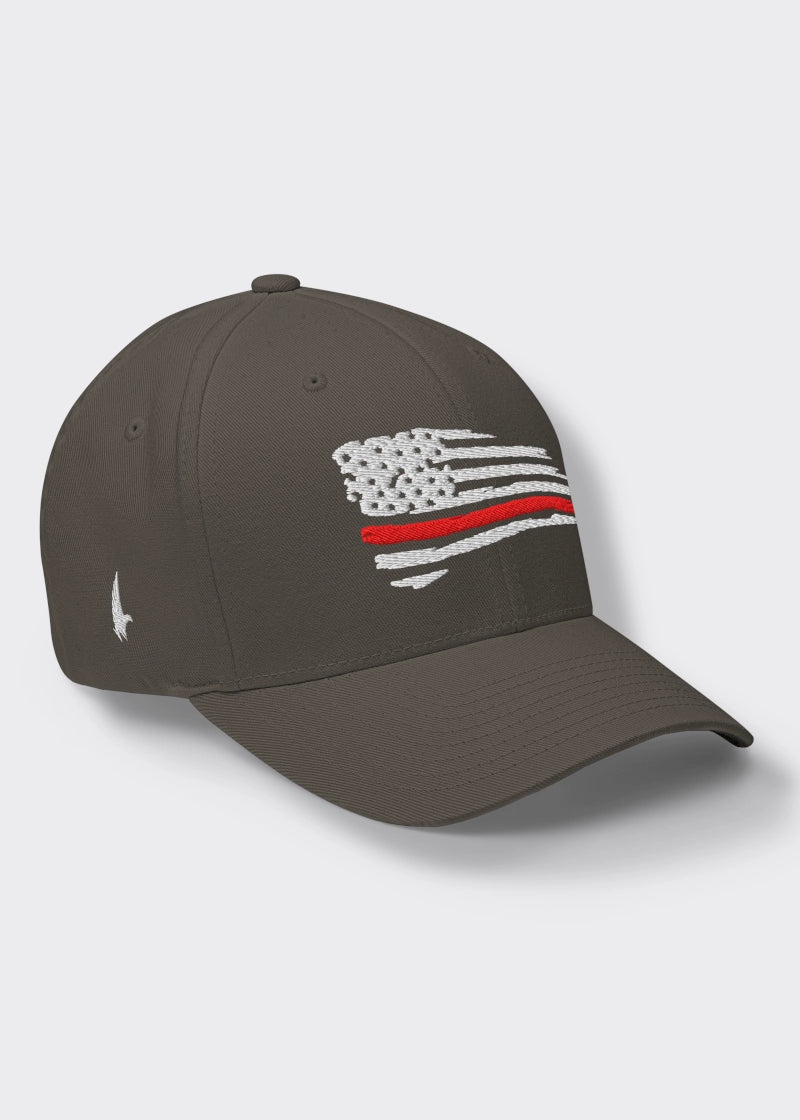 Loyalty Vibes Loyalty Vibes Distressed Red Line American Flag Fitted Hat Charcoal Grey