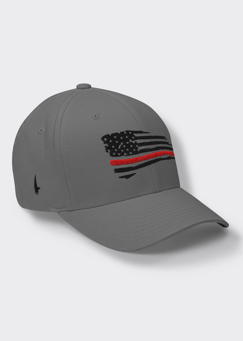 Loyalty Vibes Loyalty Vibes Distressed Red Line American Flag Fitted Hat Grey Black