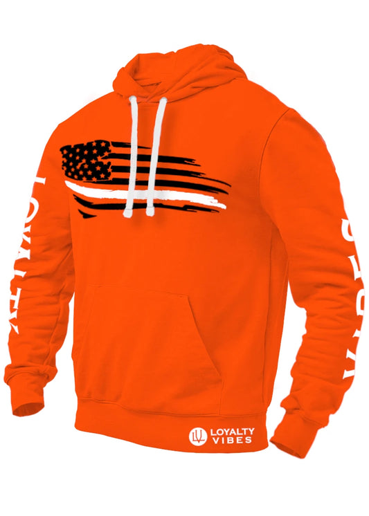 Loyalty Vibes Distressed USA Flag Peace Hoodie Orange Black Loyalty Vibes
